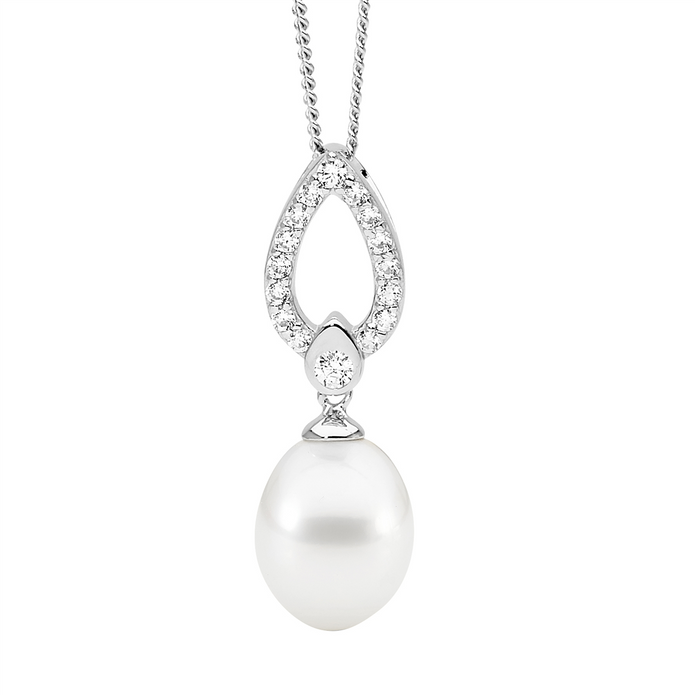 Ellani Sterling Silver Cz Freshwater Pearl Pendant