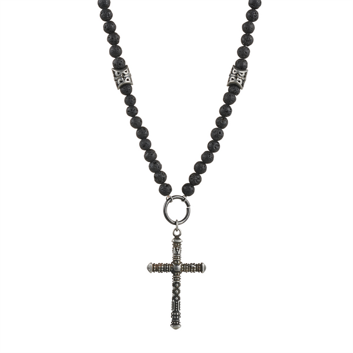 380-65 Cudworth Stainless Steel Antique Plated Cross And Lava Rock Bead Neck Chain 66cm