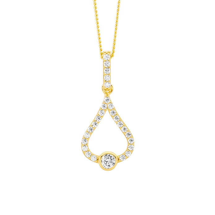 Ellani Sterling Silver Gp Cz Open Tear Drop Pendant