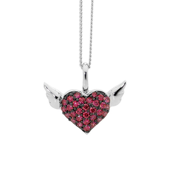 Ellani Sterling Silver Cz Puff Heart And Wings Pendant