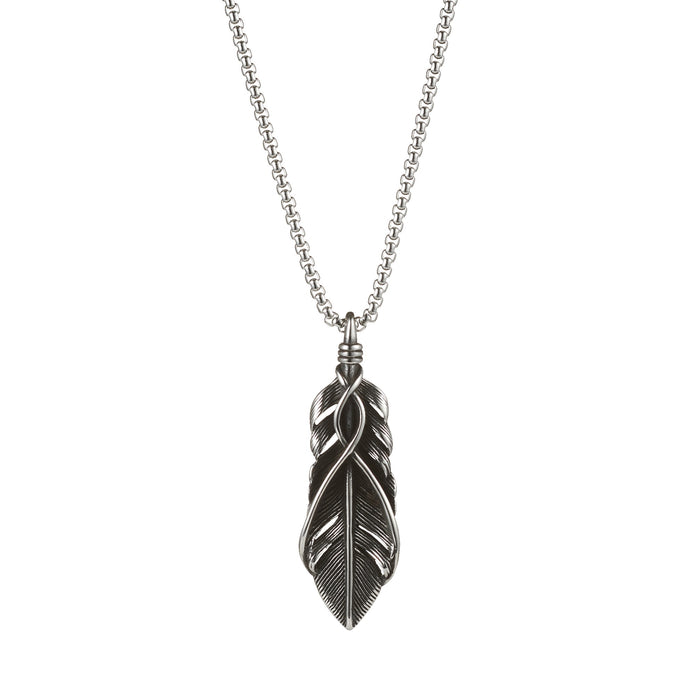 Antique Ip Stainless Steel Feather Pendant And Box Chain 60cm