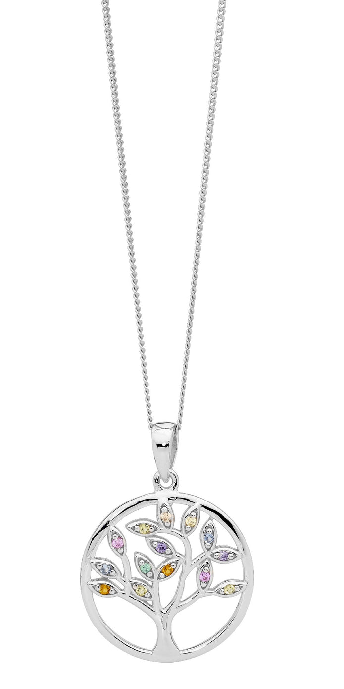 Ellani Sterling Silver Multi Coloured Cz Tree Of Life Pendant