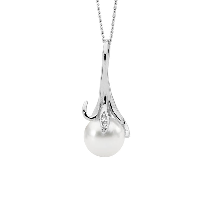 Ellani Sterling Silver Cz Freshwater Pearl Drop Pendant.