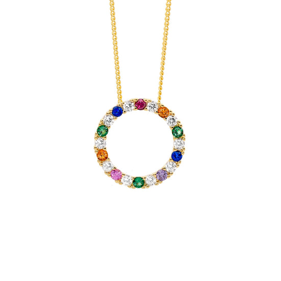 Ellani P875g Ellani Sterling Silver Gold Plated Multi Coloured Cz Circle Pendant.