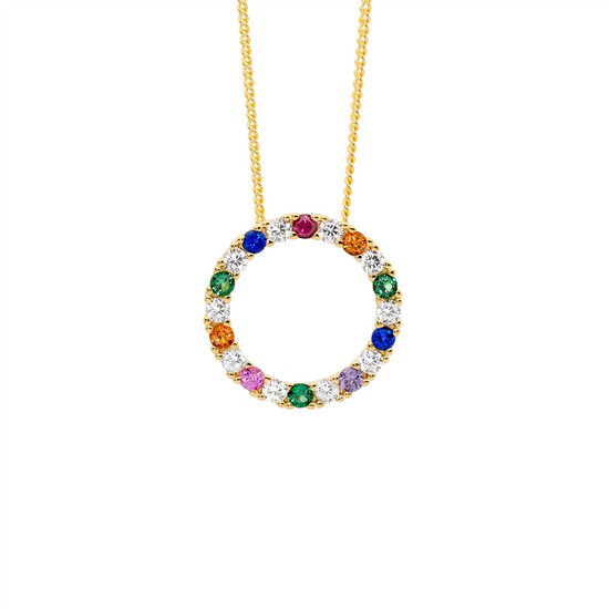 Ellani P875g Ellani Sterling Silver Gold Plated Multi Coloured Cz Circle Pendant.