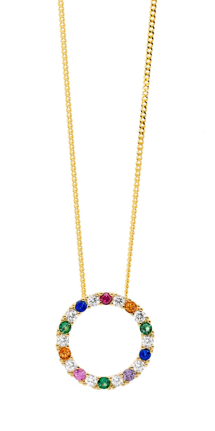 Ellani P875g Ellani Sterling Silver Gold Plated Multi Coloured Cz Circle Pendant.
