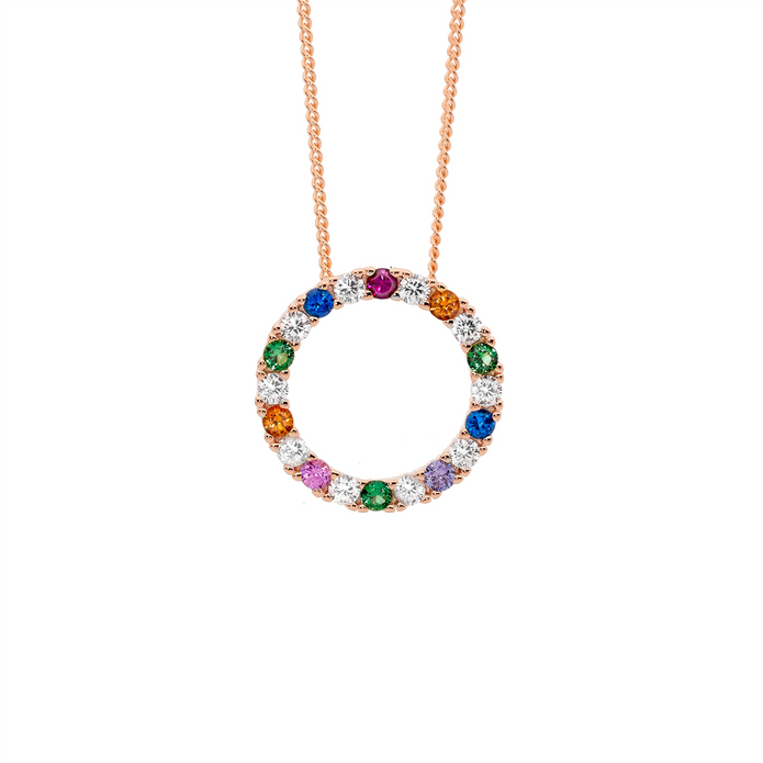 Ellani P875r Ellani Sterling Silver Rose Gold Plated Cz Multi Coloured Circle Pendant.