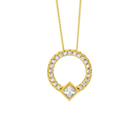 Ellani P877gp Ellani Sterling Silver Gold Plated White Cz 13mm Open Circle Pendant With Princess Cut Bezel Set.