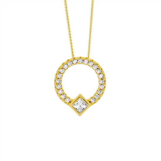 Ellani P877gp Ellani Sterling Silver Gold Plated White Cz 13mm Open Circle Pendant With Princess Cut Bezel Set.