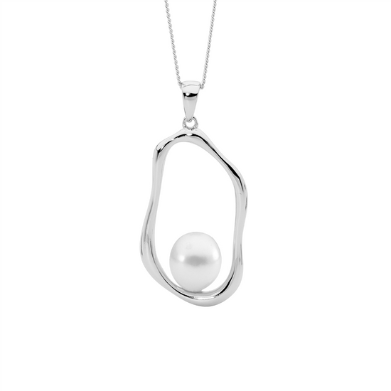 Ellani Sterling Silver Pearl Open Wave Pendant
