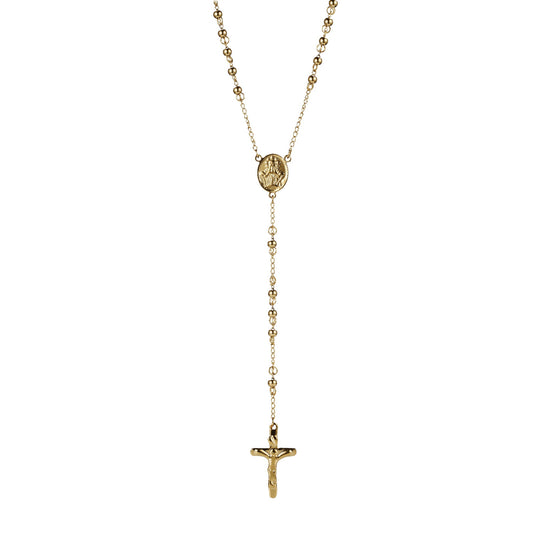 Ion Plated 14k Yellow Gold Stainless Steel Rosery Bead Cross Pendant