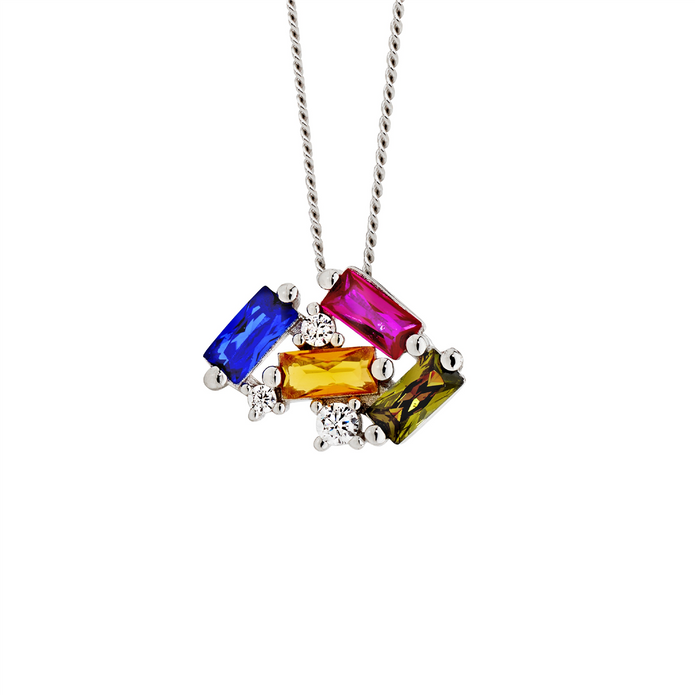 Ellani Sterling Silver Multi Coloured Cz Cluster Pendant