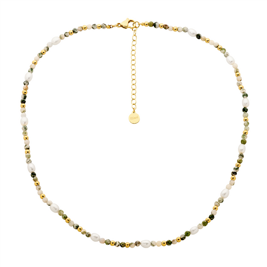 Ellani Stainless Steel Gp Agate & Pearl Necklace