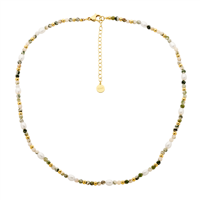 Ellani Stainless Steel Gp Agate & Pearl Necklace
