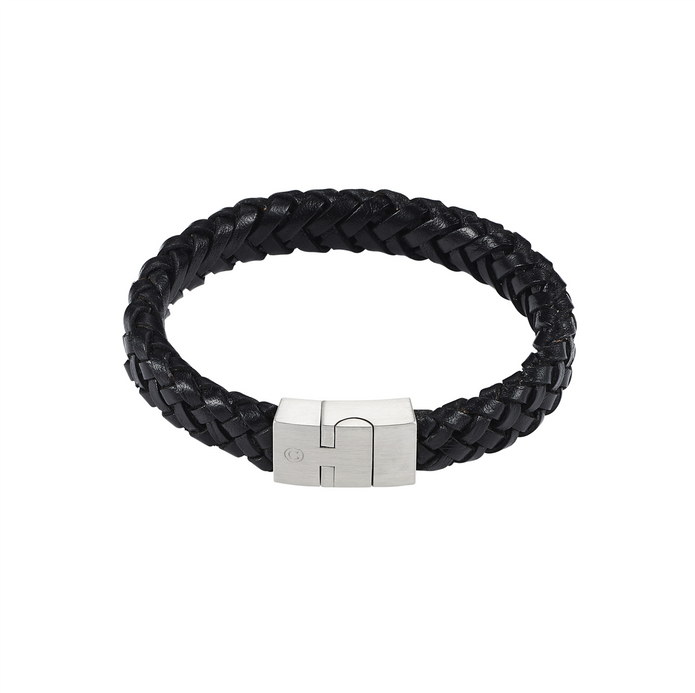 Black Plated Leather Bracelet With Stainless Steel Clasp