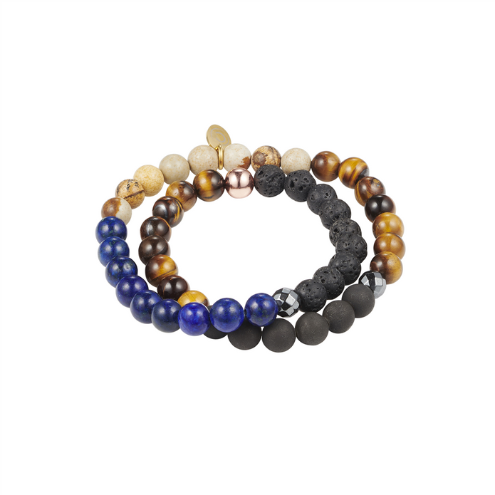 Lava Rock Picture Stone Tiger Eye And Lapis Beaded Bracelet