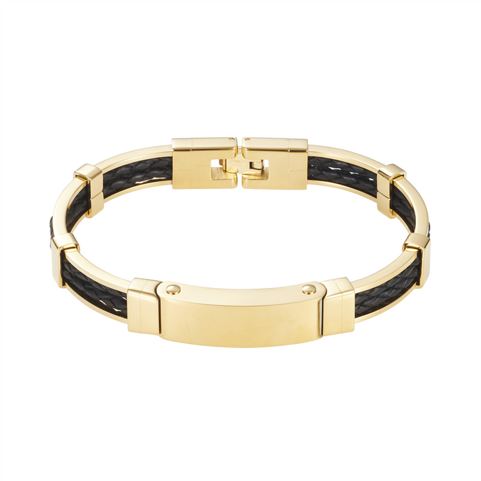 640-29gmw Cudworth Ip Gold/stainless Steel Black Leather Bracelet