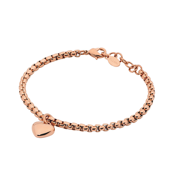 Ellani Sb159r Ellani Stainless Steel Round Box Chain With Heart Charm Bracelet In Rose Gp