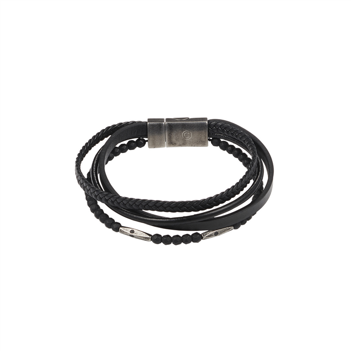 Multi-strand Black Leather And Hematite Beaded Bracelet