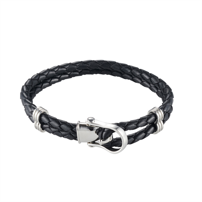 630-15 Cudworth Polished Stainless Steel Buckle Black Leather Bracelet.