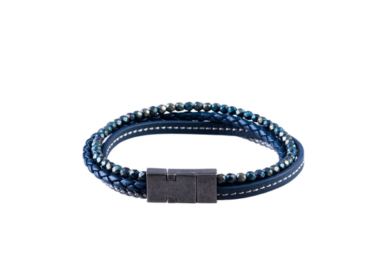 Multi-strand Blue Leather And Hematite Beaded Bracelet