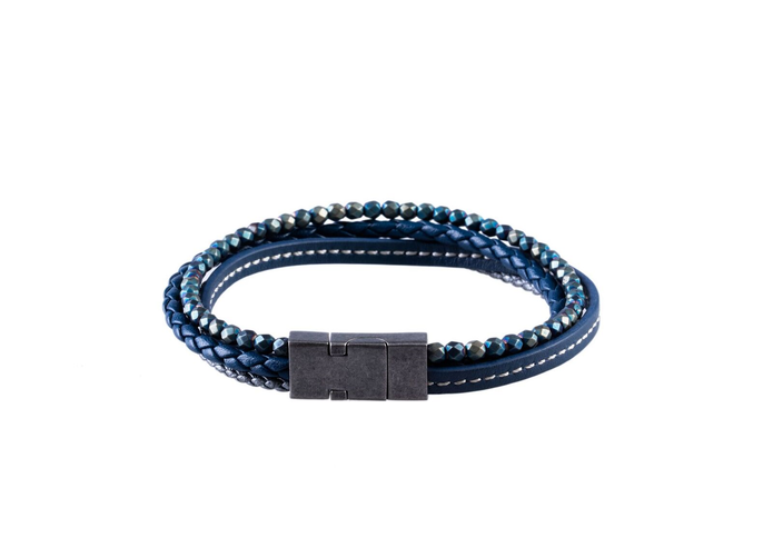 Multi-strand Blue Leather And Hematite Beaded Bracelet
