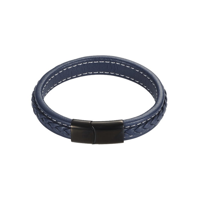 Navy Stitched Leather And Stainless Steel Bracelet