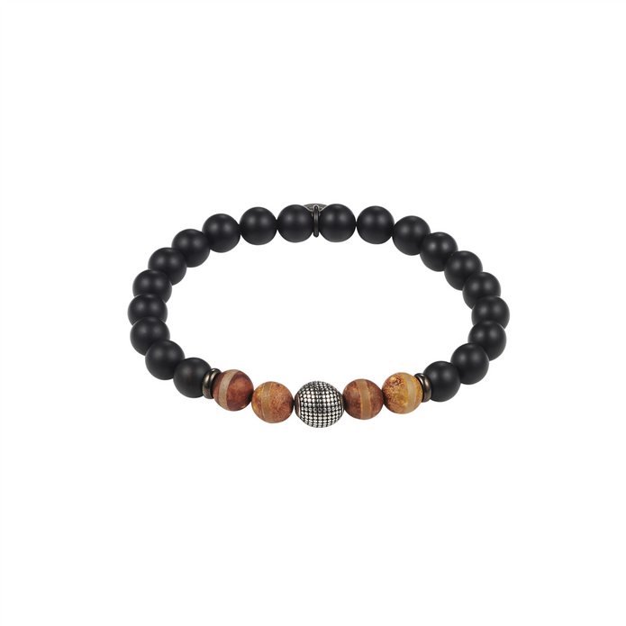 Black Agate And Earth Stone Antique Steel Bead Bracelet