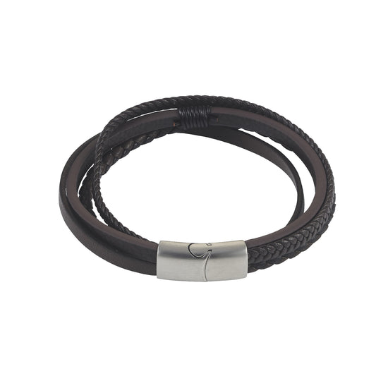 Dark Brown Multi Strand Leather And Stainless Steel Bracelet