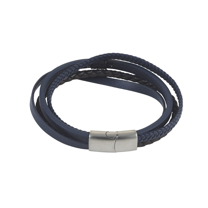 Dark Brown/blue Multi Strand Leather And Stainless Steel Bracelet