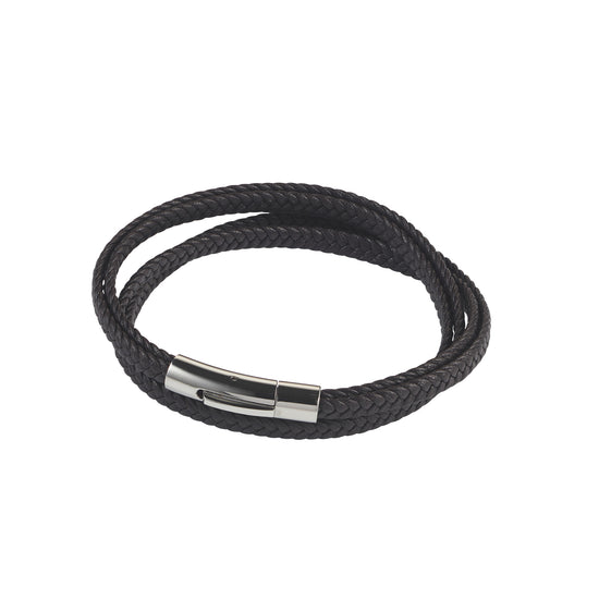 Stainless Steel And Black Leather Double Strand Bracelet