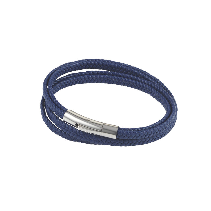 Stainless Steel And Blue Leather Double Strand Bracelet