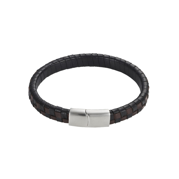 Brown And Black Braided Leather And Stainless Steel Bracelet