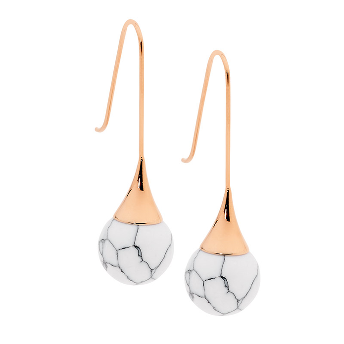 Ellani Stainless Steel Rgp Howlite Ball Drop Earrings