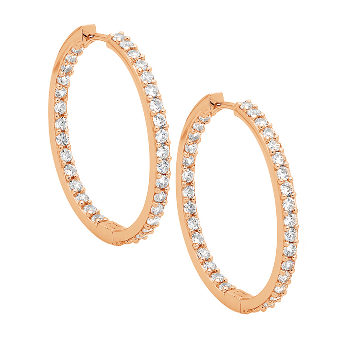 Ellani Sterling Silver Rgp 3cm Cz Inside Out Hoop Earrings