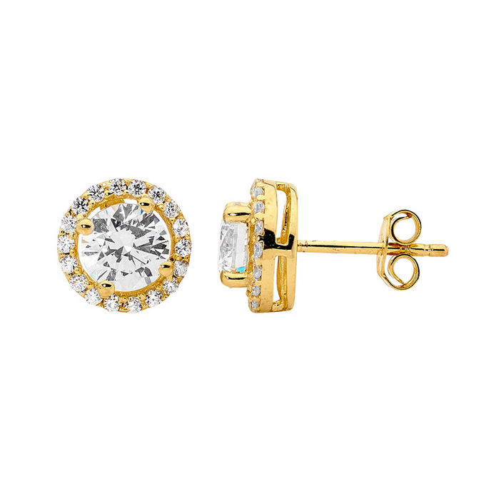 Ellani Sterling Silver Gp Cz Halo Stud Earrings
