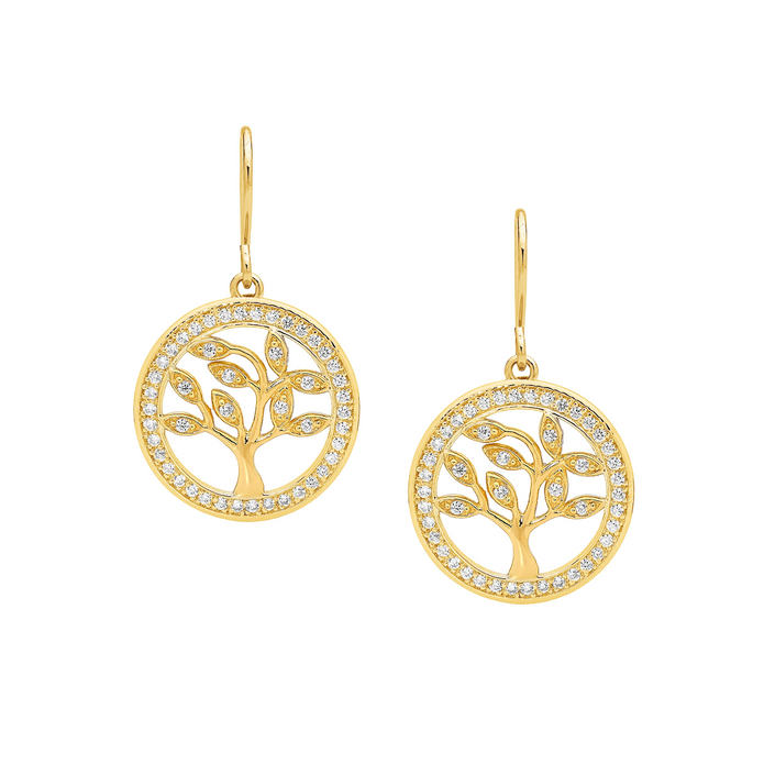 Ellani Sterling Silver Gp Cz 'tree Of Life' Drop Earrings