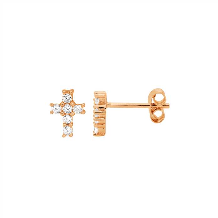 Ellani Sterling Silver Rgp Cz Cross Stud Earrings