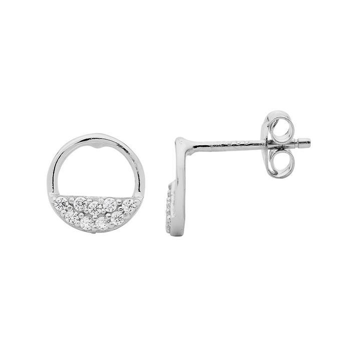 Ellani Sterling Silver Open Circle Half Cz Stud Earrings