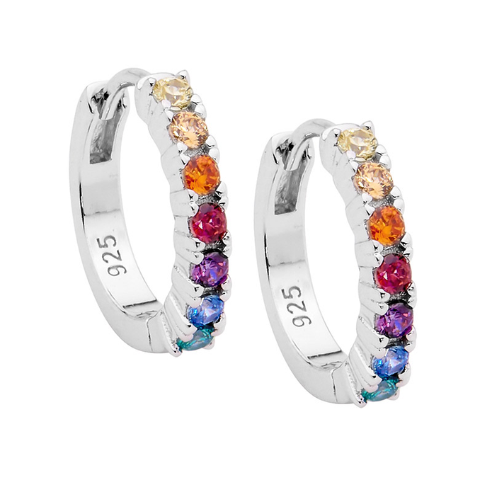 Ellani Sterling Silver Multi Coloured Cz 14mm Hoop Earrings