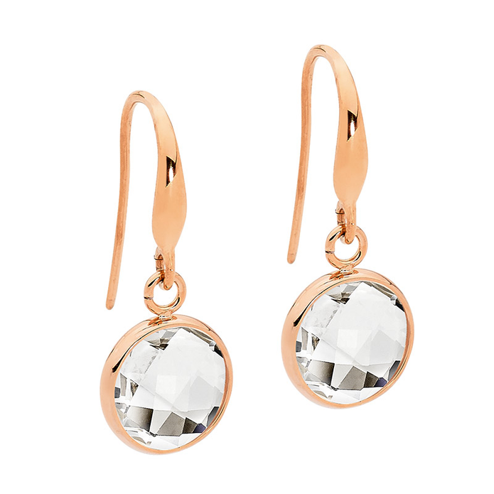 Ellani Stainless Steel Rgp Round Glass Drop Earrings