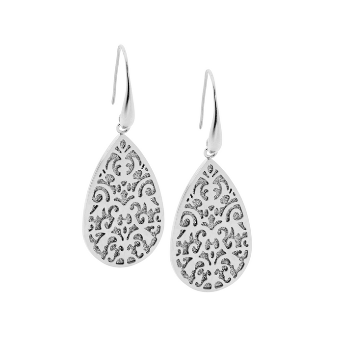 Ellani Stainless Steel Filigree Tear Drop Shimmer Earrings