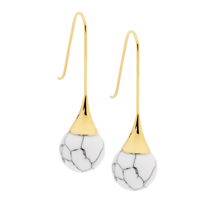Ellani Stainless Steel Gp Howlite Ball Drop Earrings