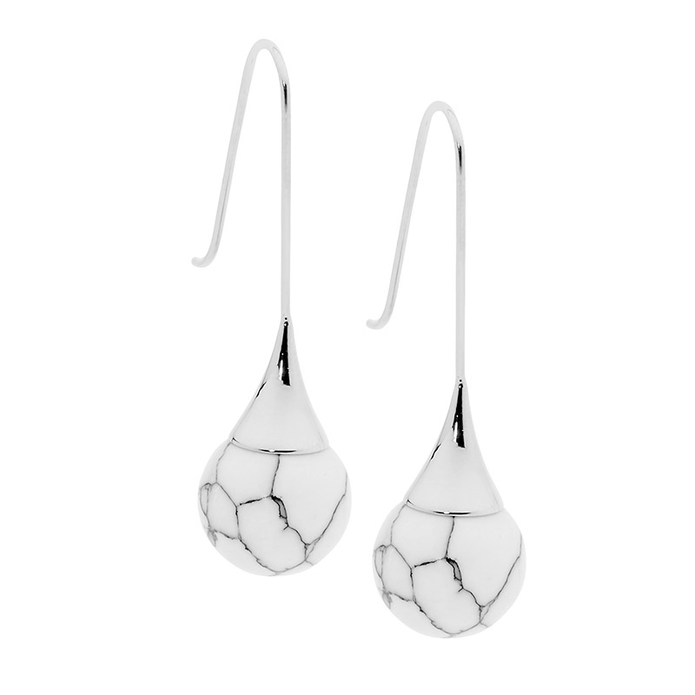 Ellani Stainless Steel Howlite Ball Drop Earrings