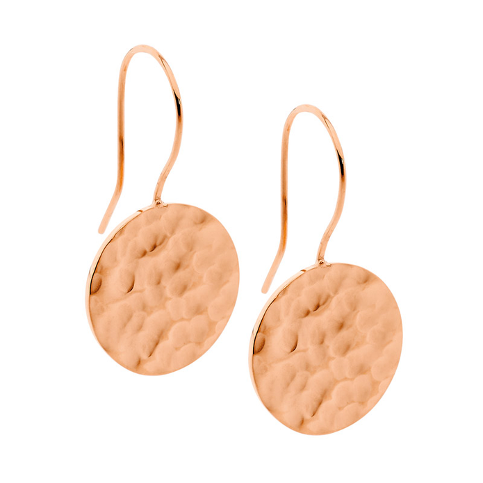 Ellani Stainless Steel Rgp Hammered Effect Circle Drop Earrings