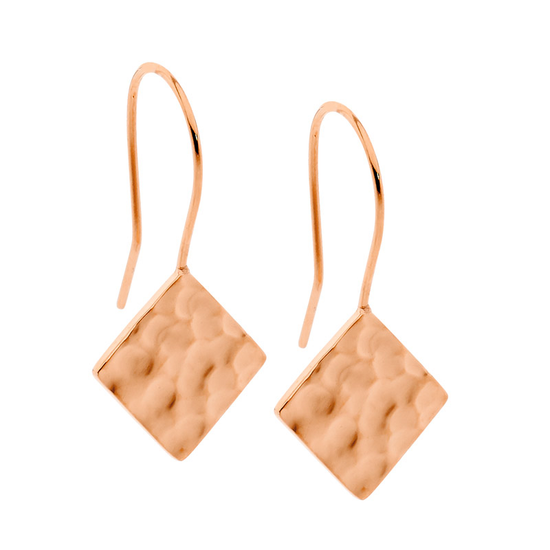 Ellani Stainless Steel Rgp Hammered Effect Square Drop Earrings