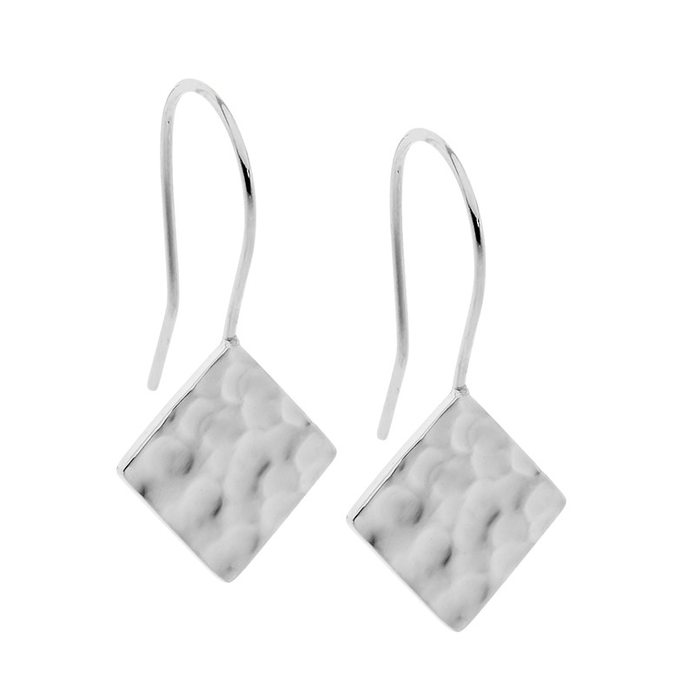 Ellani Stainless Steel Hammered Effect Square Drop Earrings