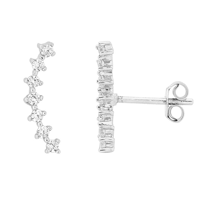 Ellani Sterling Silver Cz Curved Row Stud Earrings