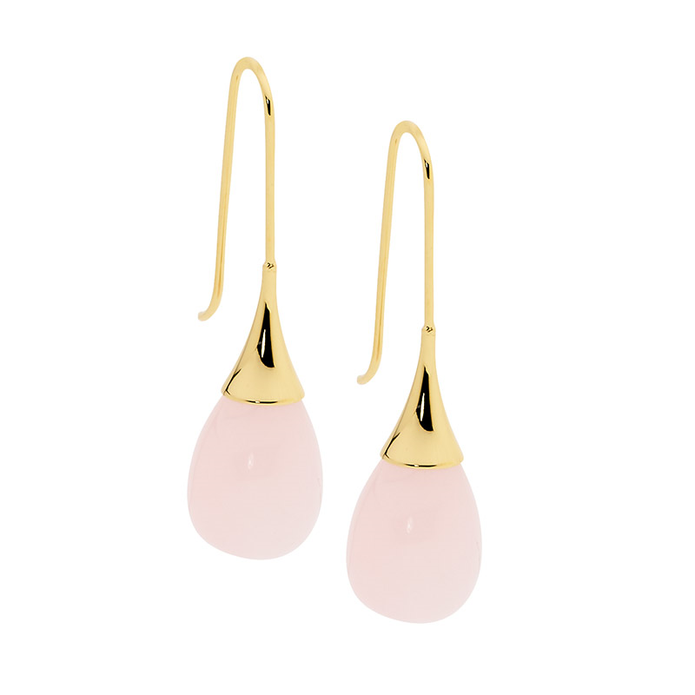 Ellani Se209g Ellani Stainless Steel Gold Plated Rose Quartz Long Drop Earrings.