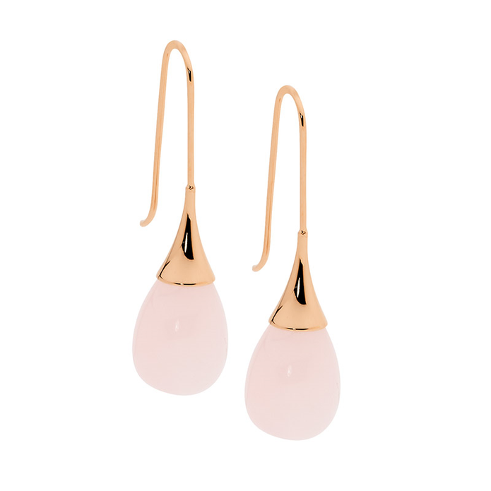 Ellani Se209r Ellani Stainless Steel Rose Gold Plated Rose Quartz Long Drop Earrings.